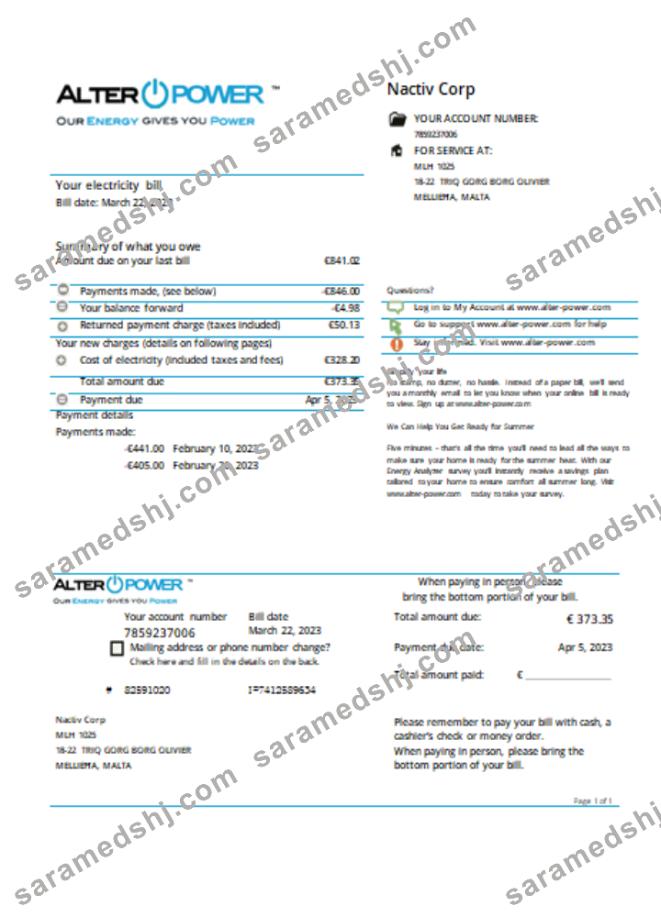 AlterPower Malta proof of address utility business bill,  SCR